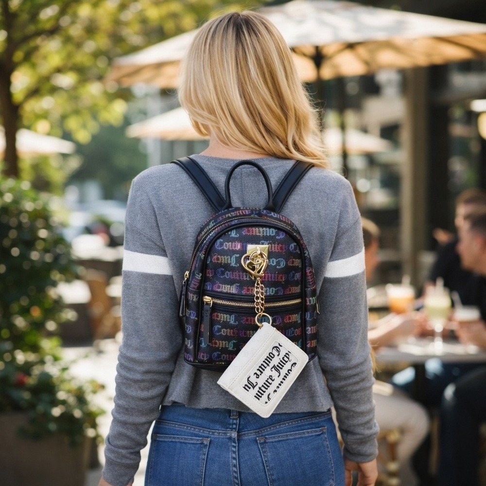 Juicy Couture Black Rainbow Logo Mini‎ Backpack with Card Holder Wallet Set